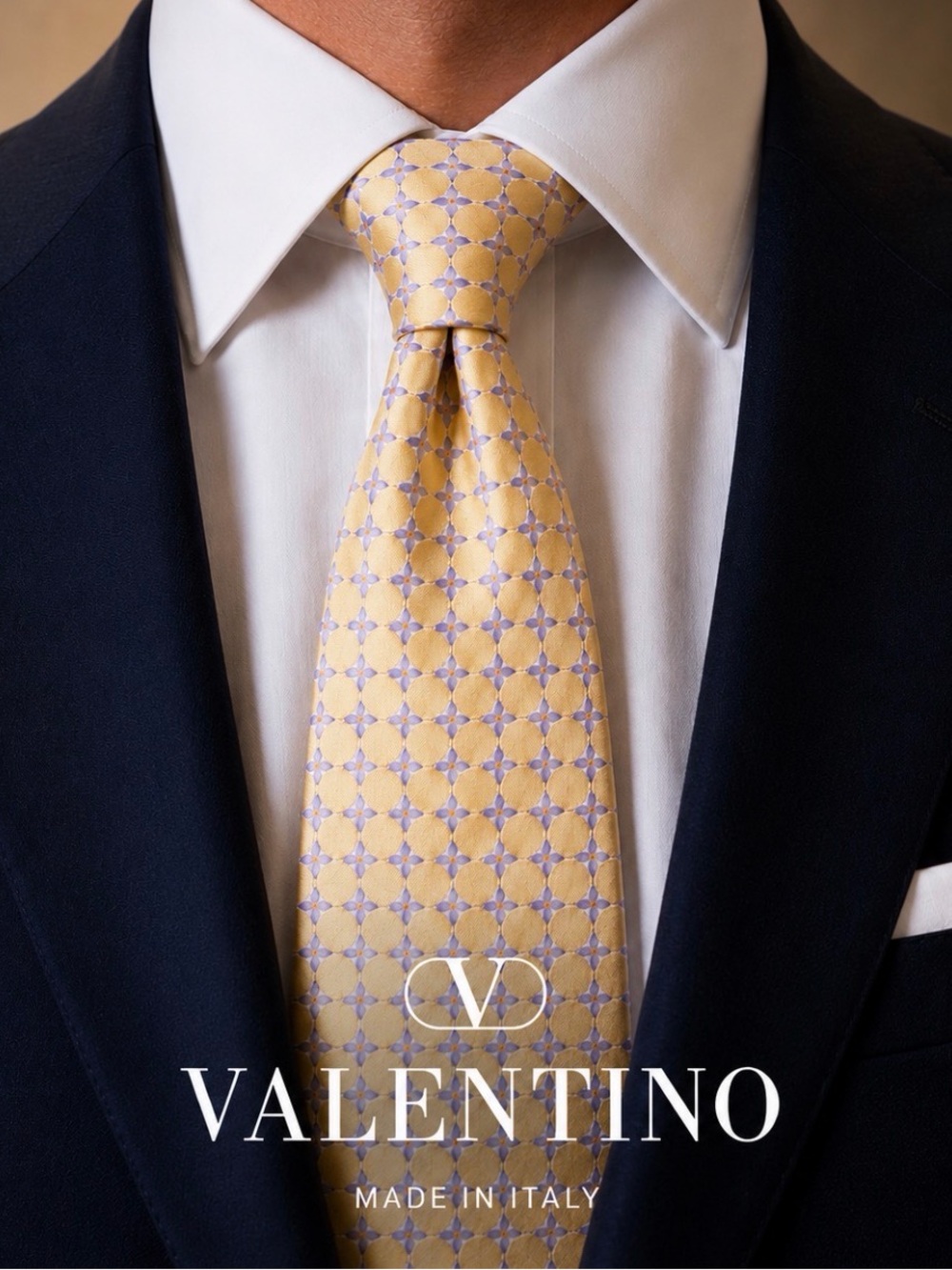 Valentino Silk Tie Gold Yellow Purple Geometric  Pattern Italy Designer Luxury